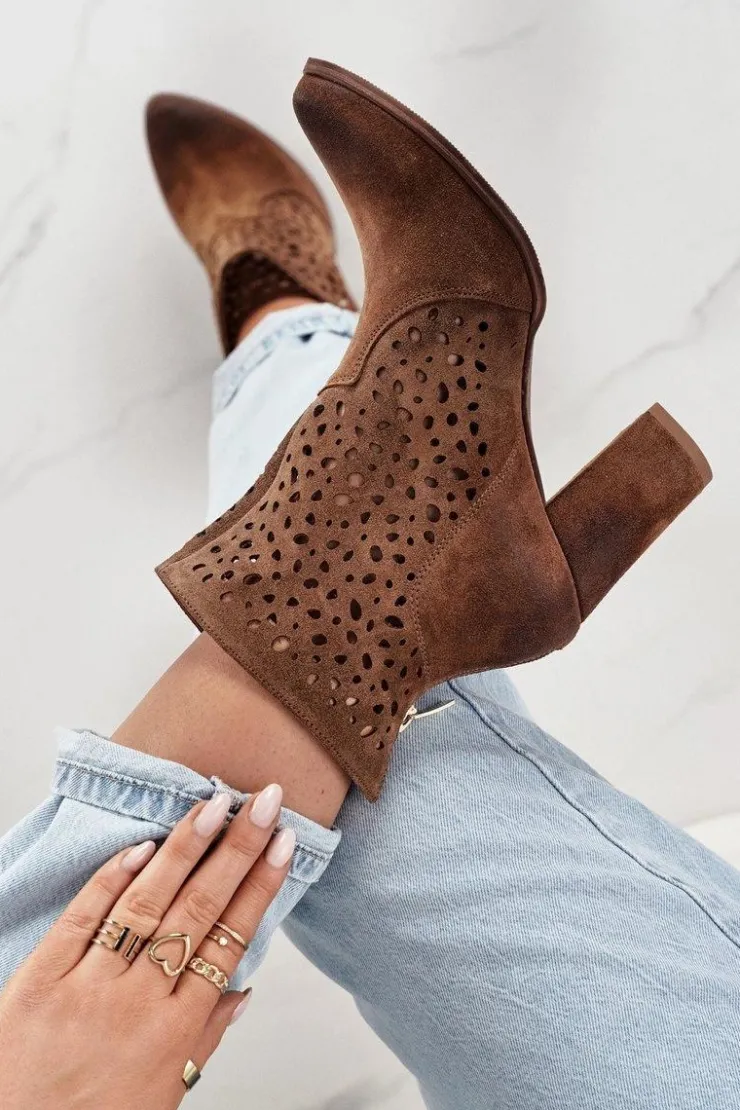 Damskie Boto Ażurowe Botki Na Słupku Zamszowe Exquisite 1219 Koniak