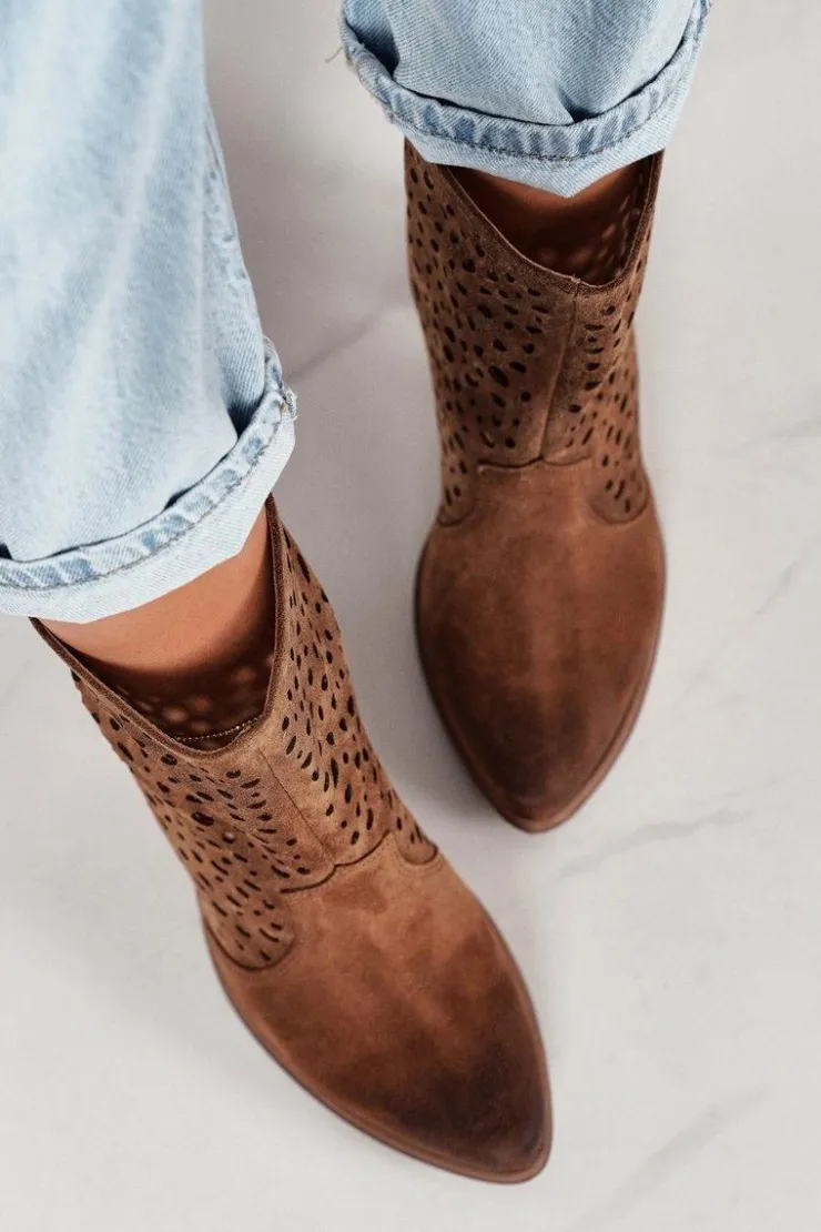 Damskie Boto Ażurowe Botki Na Słupku Zamszowe Exquisite 1219 Koniak