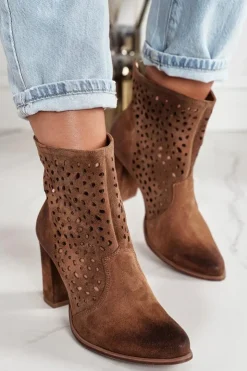 Damskie Boto Ażurowe Botki Na Słupku Zamszowe Exquisite 1219 Koniak