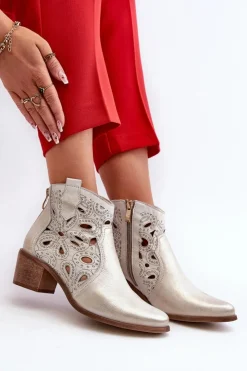Clearance Boto Ażurowe Botki Skórzane Lewski Shoes 3170/2 Złoty Przecierany