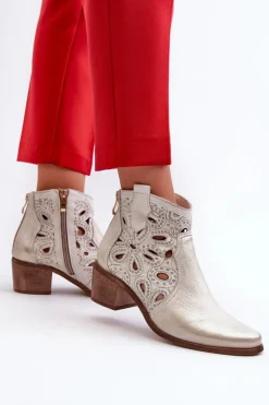 Clearance Boto Ażurowe Botki Skórzane Lewski Shoes 3170/2 Złoty Przecierany