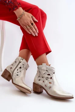 Clearance Boto Ażurowe Botki Skórzane Lewski Shoes 3170/2 Złoty Przecierany