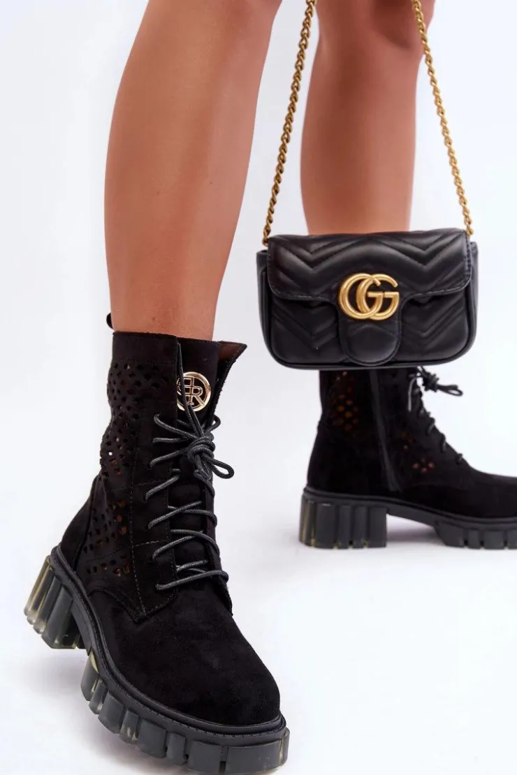 Sale Boto Ażurowe Botki Workery Czarne Ideally