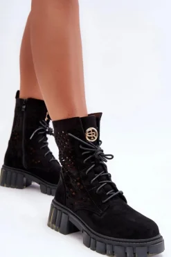 Sale Boto Ażurowe Botki Workery Czarne Ideally