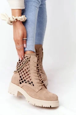 Sale Boto Ażurowe Botki Workery Lewski Shoes 3030-0 Piaskowe