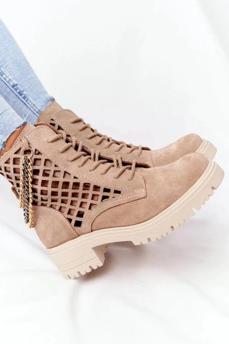 Sale Boto Ażurowe Botki Workery Lewski Shoes 3030-0 Piaskowe