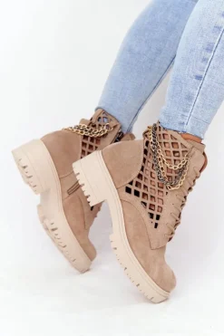 Sale Boto Ażurowe Botki Workery Lewski Shoes 3030-0 Piaskowe