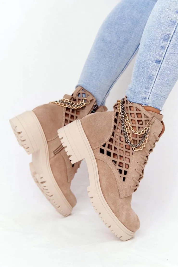 Sale Boto Ażurowe Botki Workery Lewski Shoes 3030-0 Piaskowe