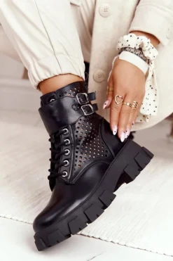 Boto Botki Wiosenne|Czarne Botki*Ażurowe Botki Workery Na Platformie Czarne Blown Away