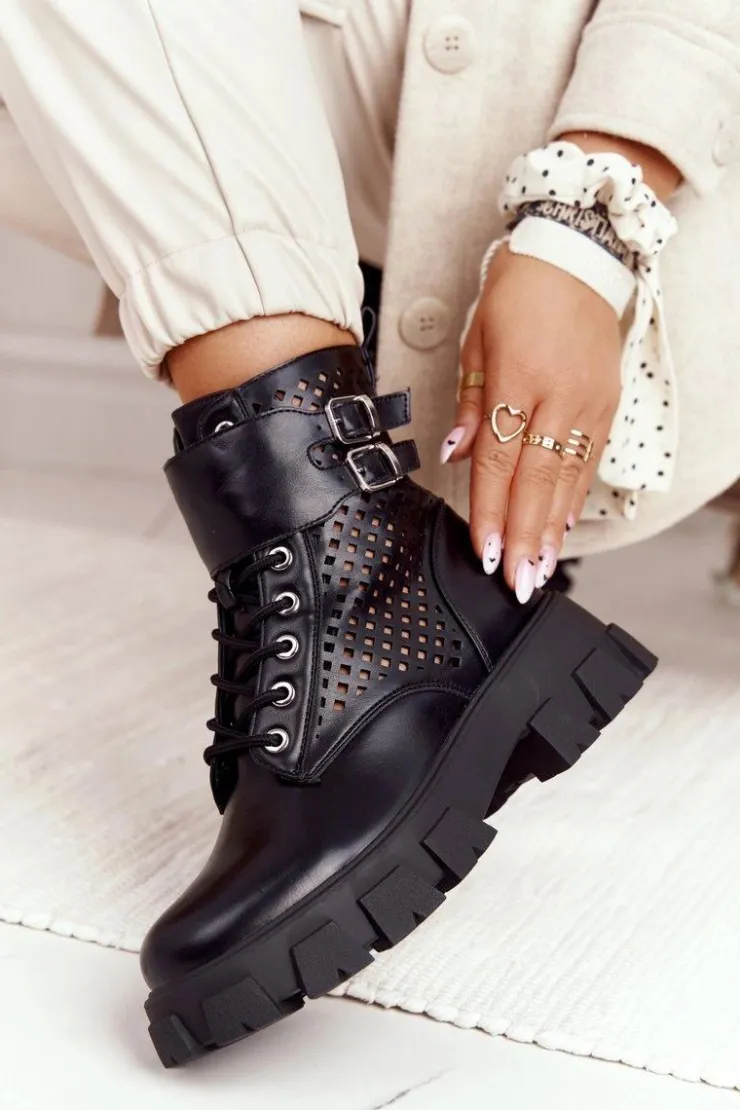 Boto Botki Wiosenne|Czarne Botki*Ażurowe Botki Workery Na Platformie Czarne Blown Away
