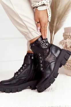 Boto Botki Wiosenne|Czarne Botki*Ażurowe Botki Workery Na Platformie Czarne Blown Away