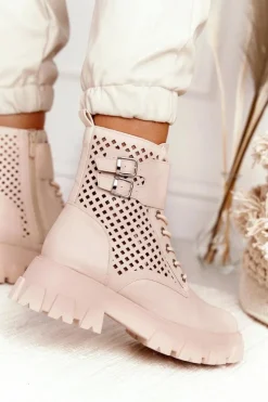 Damskie Boto Ażurowe Botki Workery Na Platformie Beżowe Blown Away