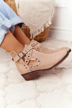 Damskie Boto Ażurowe Botki Z Dżetami Beżowe Dakota