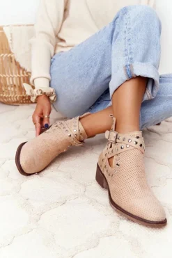 Damskie Boto Ażurowe Botki Z Dżetami Beżowe Dakota