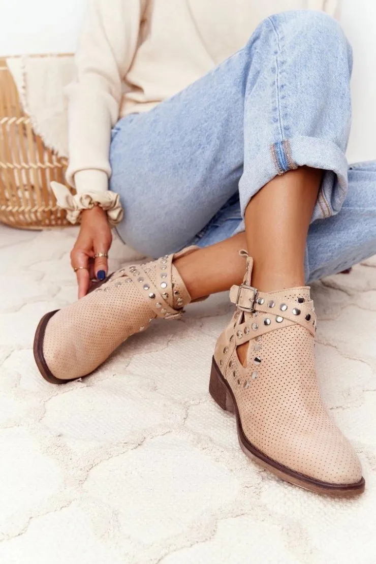 Damskie Boto Ażurowe Botki Z Dżetami Beżowe Dakota