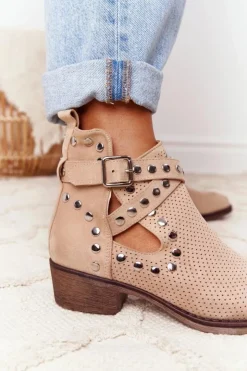 Damskie Boto Ażurowe Botki Z Dżetami Beżowe Dakota