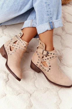 Damskie Boto Ażurowe Botki Z Dżetami Beżowe Dakota