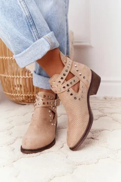 Damskie Boto Ażurowe Botki Z Dżetami Beżowe Dakota