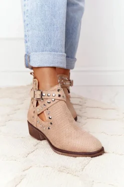 Damskie Boto Ażurowe Botki Z Dżetami Beżowe Dakota