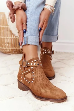 Boto Botki Wiosenne|Brązowe I Beżowe Botki*Ażurowe Botki Z Dżetami Camel Dakota
