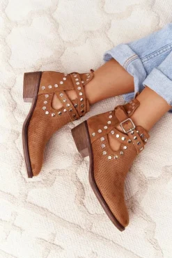 Boto Botki Wiosenne|Brązowe I Beżowe Botki*Ażurowe Botki Z Dżetami Camel Dakota