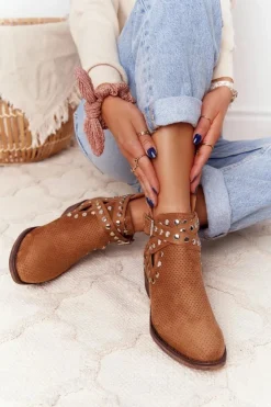 Boto Botki Wiosenne|Brązowe I Beżowe Botki*Ażurowe Botki Z Dżetami Camel Dakota