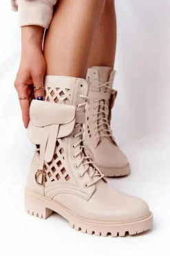 Discount Boto Ażurowe Botki Z Nerką Beżowe Rock Star