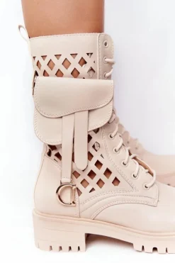 Discount Boto Ażurowe Botki Z Nerką Beżowe Rock Star
