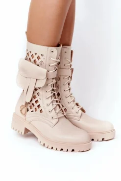 Discount Boto Ażurowe Botki Z Nerką Beżowe Rock Star