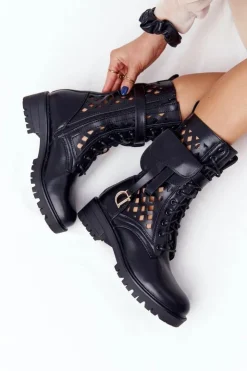 Damskie Boto Ażurowe Botki Z Nerką Czarne Rock Star