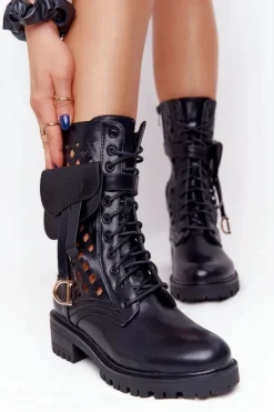 Damskie Boto Ażurowe Botki Z Nerką Czarne Rock Star