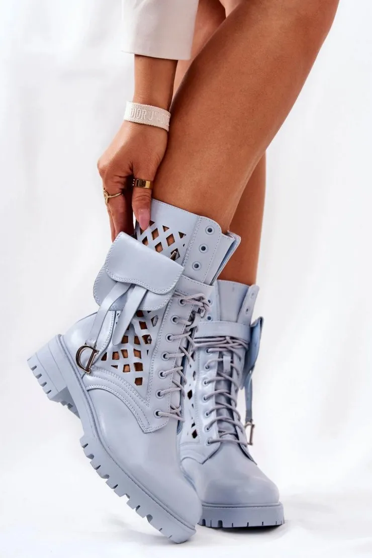 Damskie Boto Ażurowe Botki Z Nerką Niebieskie Rock Star