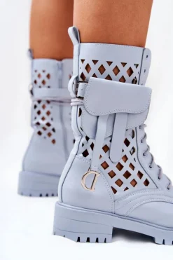 Damskie Boto Ażurowe Botki Z Nerką Niebieskie Rock Star