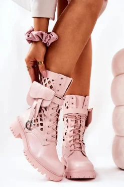 Damskie Boto Ażurowe Botki Z Nerką Różowe Rock Star