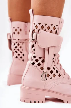 Damskie Boto Ażurowe Botki Z Nerką Różowe Rock Star