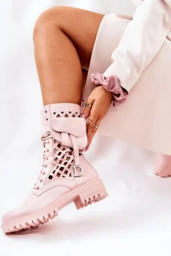 Damskie Boto Ażurowe Botki Z Nerką Różowe Rock Star