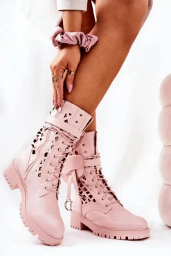 Damskie Boto Ażurowe Botki Z Nerką Różowe Rock Star