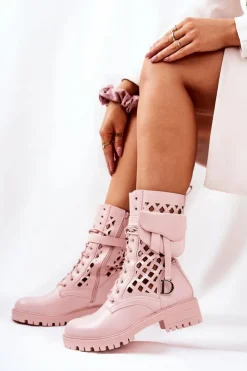 Damskie Boto Ażurowe Botki Z Nerką Różowe Rock Star