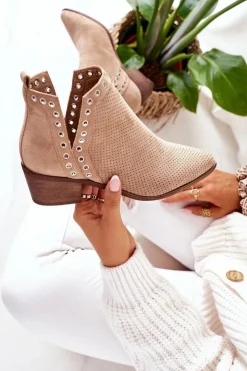 Boto Botki Wiosenne|Botki Na Słupku*Ażurowe Botki Z Wycięciami Beżowe Western