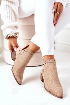 Boto Botki Wiosenne|Botki Na Słupku*Ażurowe Botki Z Wycięciami Beżowe Western