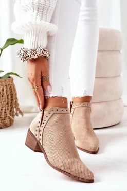 Boto Botki Wiosenne|Botki Na Słupku*Ażurowe Botki Z Wycięciami Beżowe Western