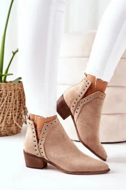 Boto Botki Wiosenne|Botki Na Słupku*Ażurowe Botki Z Wycięciami Beżowe Western