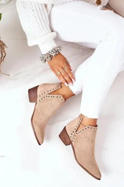 Boto Botki Wiosenne|Botki Na Słupku*Ażurowe Botki Z Wycięciami Beżowe Western