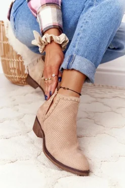 Damskie Boto Ażurowe Botki Z Wycięciami Beżowe Clever
