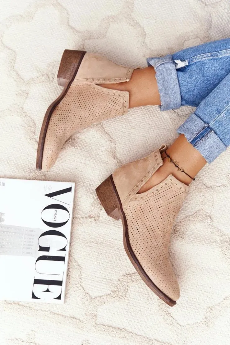 Damskie Boto Ażurowe Botki Z Wycięciami Beżowe Clever