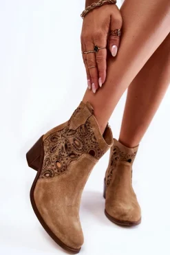 Damskie Boto Ażurowe Botki Zamszowe Lewski Shoes 3170/2 Beżowe