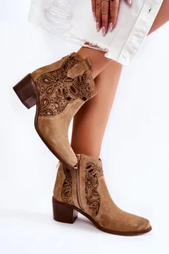 Damskie Boto Ażurowe Botki Zamszowe Lewski Shoes 3170/2 Beżowe