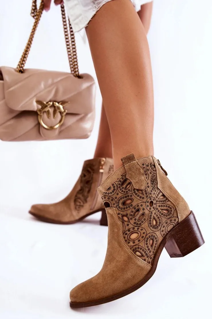 Damskie Boto Ażurowe Botki Zamszowe Lewski Shoes 3170/2 Beżowe