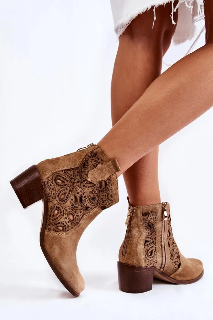 Damskie Boto Ażurowe Botki Zamszowe Lewski Shoes 3170/2 Beżowe