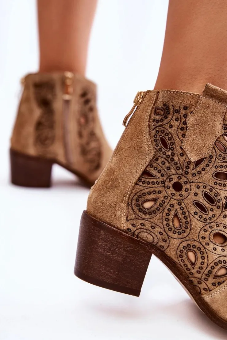 Damskie Boto Ażurowe Botki Zamszowe Lewski Shoes 3170/2 Beżowe